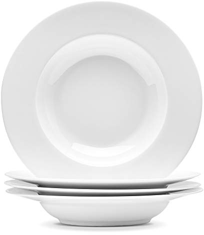 Artena 10 Ounce Pasta Bowls Set of 4, Elegant White Soup Bowls, Wide Rim Salad Bowl, Premium Porcelain Pasta Plate Bowl, Shallow Soup Plates for Eating, Microwave Dishwasher Oven Safe Bowls