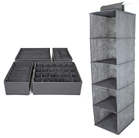 Schrank Organizer inkl. Schubladen Ordnungssystem aus Stoff - Kleiderschrank Hängeregal mit Aufbewahrungsboxen für Hosen, Hemden & Unterwäsche - Hängeorganizer mit Ordnungsboxen in Grau