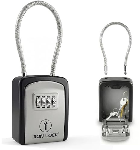 Iron Lock® Portable Key Lock Box with Removable Cable Shackle Indoor Outdoor Waterproof 4 Digit Combo Resettable Code with A B Switch Key Lockbox for Outside Spare Keys for Realtors (Small, Grey)