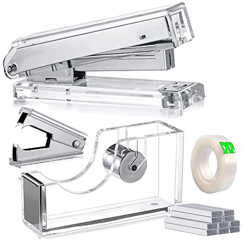 Acrylic Silver Tape Dispenser Desktop Stapler, Includes Staple Remover, Tape, 1000pcs Staples Desk Accessory Kit, Cute Office Stapler Set for Modern Design Office Desktop