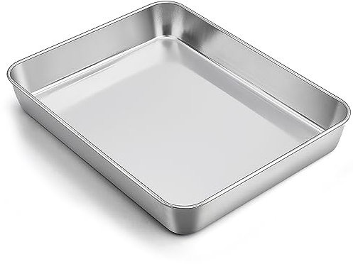 TEAMFAR Teglia da forno rettangolare in acciaio inox, 31,6 x 24,7 x 4,8 cm, per torte, lasagne, brownie, sana, facile da pulire e lavabile in lavastoviglie