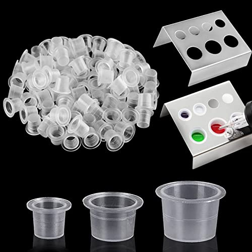 Emalla 300pcs Tattoo Ink Caps and 2 Holders(Silver) Kit | 2Pcs Silver Tattoo Ink Cups Holder with 300Pcs Ink Caps 100 Small 100 Medium 100 Large Pigment Container Tattoo Kit Supplies