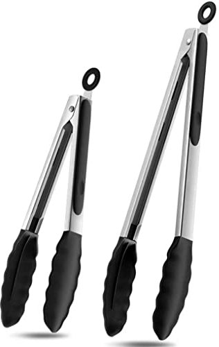 YSTrillion Pinze da Cucina,2 Pezzi Pinze Barbecue Antiscivolo in Acciaio Inox Silicone tongs Utensili da Cucina per Carne,Arrosto,Insalata Nero,9 e 12 Pollici