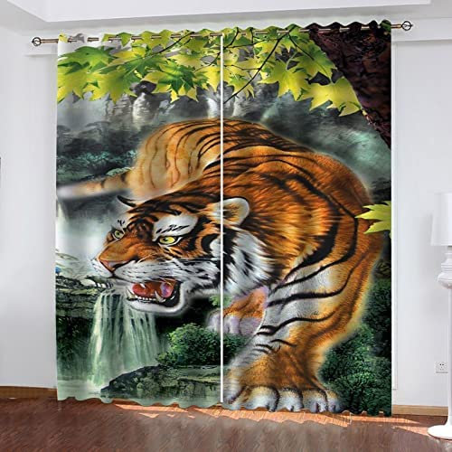 3D Verdunkelungsvorhang Ösen Dschungel-Tiger 170(B) X200(H) cm,2Er Set Gardinen Wohnzimmer Gardinen Blickdicht Kinder Vorhänge Schlafzimmer Dekoschals Gardine