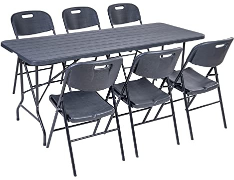 Hortan Set Tavolo Rettangolare Con 6 Sedie Pieghevoli Con Piano In Resina E Struttura Richiudibile Salvaspazio In Acciaio, Per Arredo Esterno, Interno, Giardino, Terrazzo e Campeggio