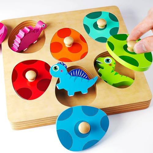 Montessori Spielzeug ab 1 Jahr, Greifpuzzle Steckpuzzle Sortierspiel für Mädchen Jungen Kinder 12-36 Monate, Dinosaurier Eier Holzspielzeug Geschenk für Ostern Geburtstag Weihnachten