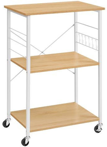 VASAGLE Carrello da Cucina con Rotelle, Carrello di Servizio con 3 Ripiani, Scaffale per Microonde, Struttura Metallica con 6 Ganci, 40 x 60 x 89 cm, Rovere Dorato e Bianco Nuvola KKS060Y09