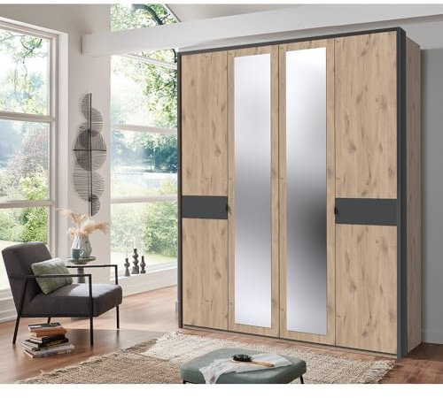 Lomadox Kleiderschrank Drehtürenschrank mit Spiegel 183 cm breit, 4-türig mit Passepartoutrahmen in Eiche mit Graphit