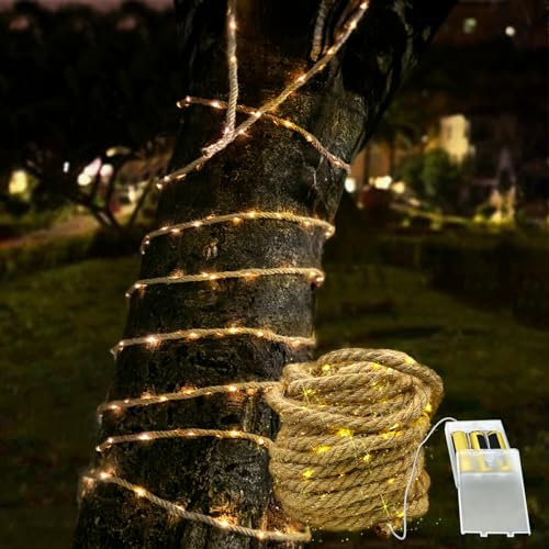 MEDOYOH 10M Rope Fairy Light Indoor of 200 LED, Hemp Rope String Lights Battery Power Rope Light Waterproof for Garden Patio Balcony Swing Trunk Decor