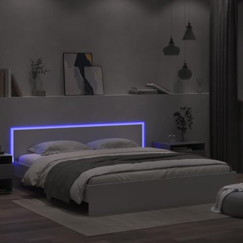 LAPOOH Bettgestell mit Kopfteil und LED-Beleuchtung Weiß 200x200 cm, Bett, Bed Frame, Familienbett, Bettrahmen, Bett Gestell, Bett Rahmengestell, Schlafzimmer Bett - 3207581