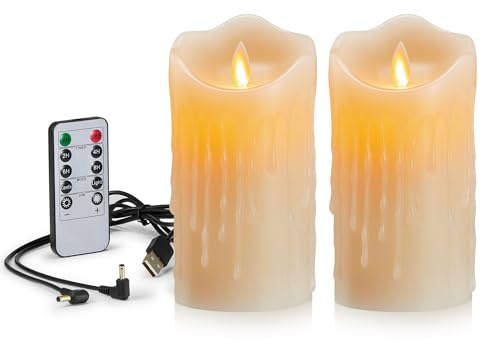 FiiMoo Velas LED Recargables, con Cable de Carga USB, Pack de 2, LED Velas, 3D Efecto Llama, Velas Cera Real con Mando a Distancia y Temporizador para Decoración, Bodas, Navidad-10cm Marfil