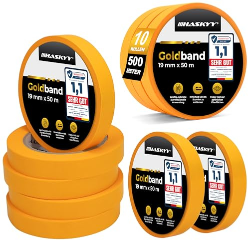 HASKYY Goldband Malerkrepp Kreppband 10x Malerband 19mm x 50m Profi Abdeckband Malertape Klebeband Washi Tape Gold Papiertape Selbstklebend