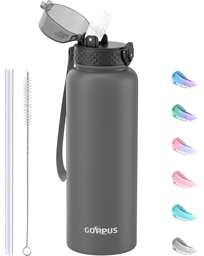 Goppus Bouteille d'eau en Acier Inoxydable avec Paille 1,2L/40oz à Double Paroi Bouteilles d'eau Isolées Étanchéité pour l'eau Chaude et Froide Bouteille d'eau à Couvercle Rabattable pour Adulte