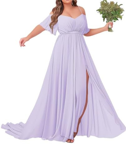 WSEYU Vestidos de dama de honor con hombros descubiertos para boda, vestidos de graduación, vestido de noche formal largo con abertura, Lila, 36