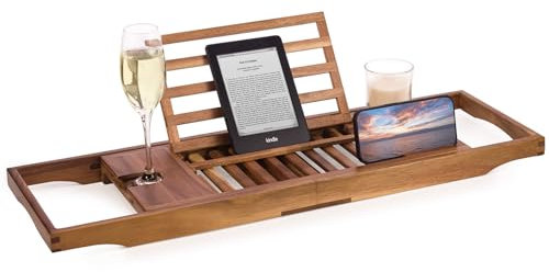 Woodluv Acacia Wood Luxury Bath Tray, Extendable Bath Caddy Tray for Bathtub Rack Bathroom Shelf with Candle, Wine Glass, Book, iPad & Phone Holders - Bath Table Tray Over tub Bathroom Accessories