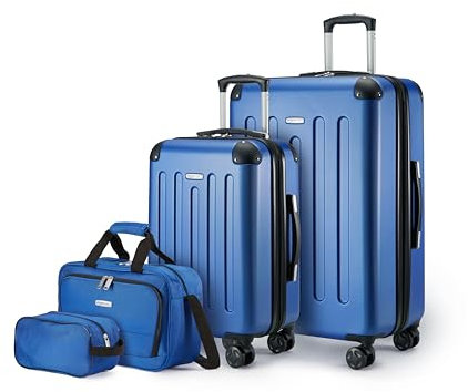 Amazon Basics Hartschalenkoffer-Set, 4-teiliges, Großer Koffer, Handgepäckkoffer, Tragetasche, Kompakte Reisetasche, Erweiterbar, 4 Spinner-Räder, Marineblau