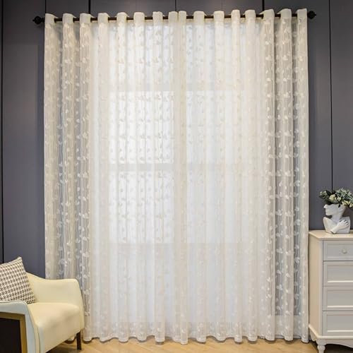 Gardinenschals mit Schlaufen Halbtransparent, Weiß Vorhänge 2er Set Jacquard Modern 107x183CM Gardinen Baumwolle Lichtdurchlässig Schiebevorhänge Wohnzimmer Küche Kinderzimmer