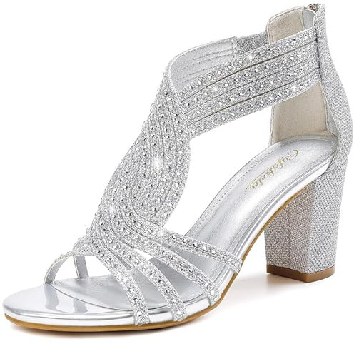 Gufobela Heels for Women Chunky Rhinestone Block Heeled Sandals Sparkly Open Toe Formal Dressy Shoes Wedding Prom Homecoming Hoco (1122 Silver 8)