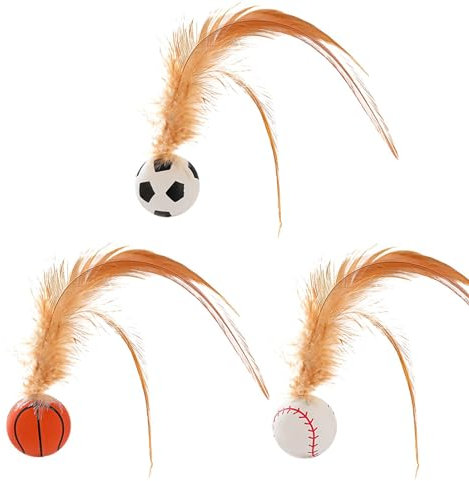 Hüpfender Katzenball mit Feder – 3 interaktive Gummi-Pounce-Ball-Spielzeuge für Kätzchen, Katzen-Zahnen, Unterhaltung mit Federn, Spielen für drinnen und draußen, hochelastischer Spaß für Katzen