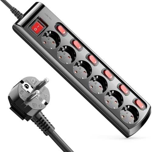 deleyCON Regleta de 6 Tomas Conmutable Individualmente Cable de 3,0m (6X Interruptor de Encendido/Apagado y 1x Interruptor Principal) Alimentación Regleta de Enchufes Base de Enchufe Múltiple - Negro
