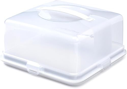 Plastic White Cake Box with Locking Clips, Handle and Flip Base for Serving Holds Cakes Up to 30cm (1, Square)