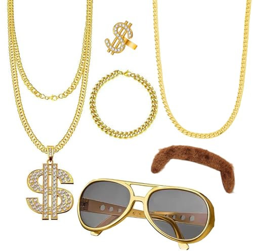 70er 80er 90er Jahre Kostüm Herren, 6 Stück Zuhälter Kostüm, Goldene Rapper Hip Hop Kostüm mit gold ring ketten sonnenbrille herren für Cosplay Karneval Fasching Mottoparty