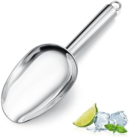 Metal Ice Scoop 6oz, Leonyo Stainless Steel Ice Scoop for Freezer, Reusable & Small Food Scooper for Ice Cube Machine Buckets, Wedding, Bar Party, Store Popcorn, Candy – Silver