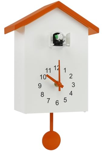 Foppla gökklocka med Chimer minimalistisk Cuckoo ljudklocka med pendel delikat gökklocka fågelhus batteridriven drivning gökvägg för väggkonst vardagsrum kök kontor dekoration (orange)