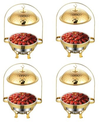 ZOLPINL 4PCS Chafing Dishes for Buffet Set 4Qt 4.5L Stainless Steel Round Buffet Chafer Gold Hanging Lid Dining Stove Server and Warmer Set for Parties, Dinners, Catering and Weddings