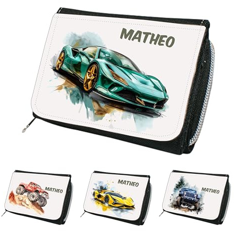 Kindergeldbeutel mit Namen Auto – Kinderportmonee Monstertruck Rennwagen Geländewagen – Portemonnaie Kinder Jungen Mädchen – personalisierte Geschenke – Geldbeutel Kinder mit Reißverschluss