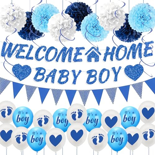 Lot de 35 bannières « Welcome Home Baby Boy » - Décoration de bienvenue pour la maison - Pour fête prénatale, baptême, garçon - Guirlande de fanions - Pour chambre d'enfant - Pour révéler le sexe et