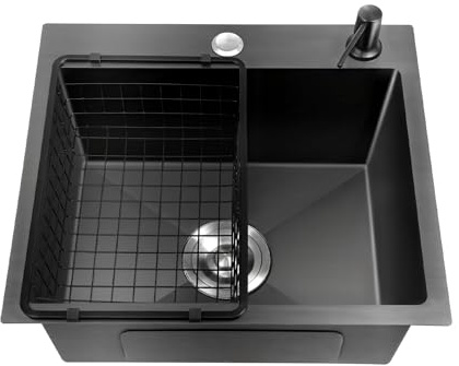 QIERF Kitchen Sink 45 x 40 cm Kitchen Built-in Sink Rectangular Stainless Steel Sink with Water Drain, Drip Basket, Black Soap Dispenser for Family and Restaurant, Black