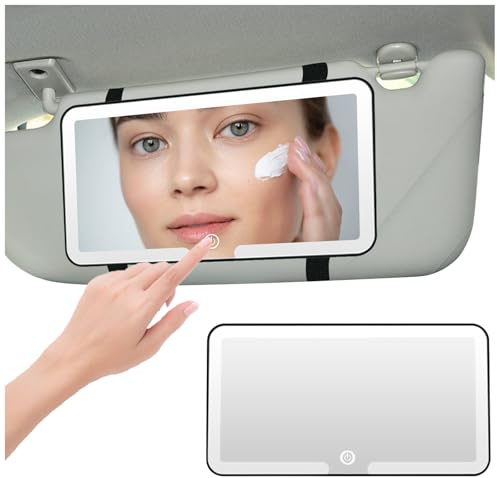 DONGTATA LED Car Vanity Mirror with Lights, Sun Visor Makeup Mirror for Car, 3 Colour Light Modes, Touch Control Dimmable, Rechargeable Car Interior Accessory for Women
