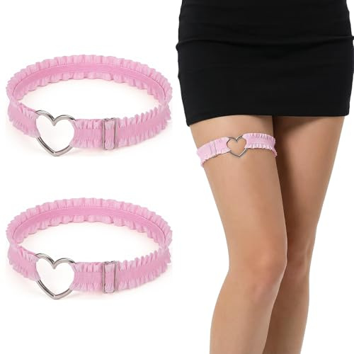 2Pcs Pink Heart Lace Garter Belts for Women, Adjustable Heart Shaped Elastic Leg Garters, Exquisite Wedding Bride Gothic Accessories for Parties Weddings Cosplay
