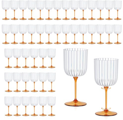 48 PCS Plastic Ribbed Wine Glasses 11oz Clear and Amber Detachable Wine Goblet Unbreakable Vintage Ripple Water Goblets Cocktail Drinking Cups for Parties Weddings Poolside Outdoors