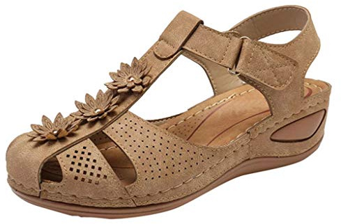 YIzdegg sandaler dam läder – sandaletter, stängda tofflor, halkfria sandaletter, ventilerande pantoletter, kilklack, tofflor, ergonomiska strandskor, ortopediska utomhussandaler, Beige, 36