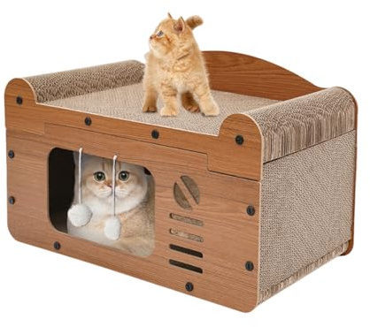 Rascador para gatos, casa de cartón para gatos, cueva interior con tabla para rascar, tabla rascadora, almohadilla rascadora, superficie de descanso superior y cueva inferior para gatos, 56 x 30 x 32
