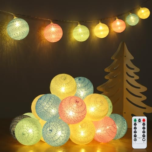 Ewikin Lichterkette Baumwollkugeln, 20 LED Kugeln Lichterketten USB & Batteriebetrieben mit Fernbedienung, Cotton Ball Lichterkette Innen für Kinderzimmer, Teenager, Mädchen