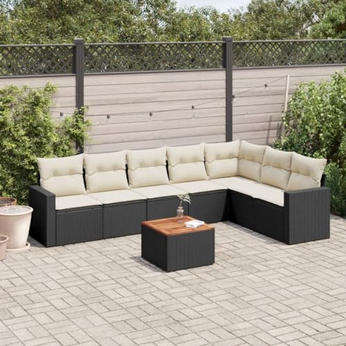 RCODSSK 8-TLG. Garten-Sofagarnitur Schwarz Poly Rattan mit Kissen und Akazienholz Tisch, Poly Rattan Sofa Set als Gartenmöbel Set für Terrasse