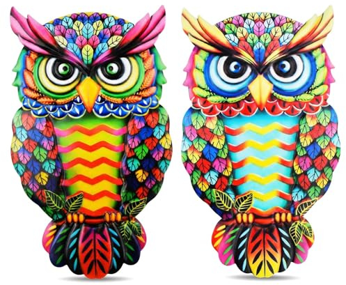 Merzio 2 Pack Metal Owl Wall Art Decor, Colorful Garden Wall Ornaments, 3D Wrought Iron Outdoor Fence Decorations for Patio, Porch, Backyard and Living Room