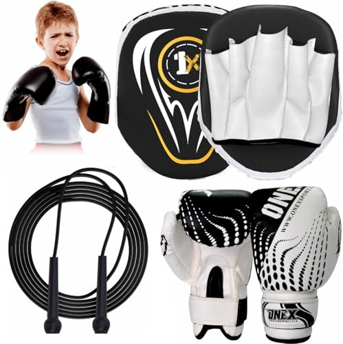 Boxing Set Focus Pads and Gloves Mitts Punch Bag Head guard MMA Training Hook & Jab, Kids Unisex Sparring Gloves punching Pads Martial Arts Karate Fitness Exercise Sets. (BLACK)
