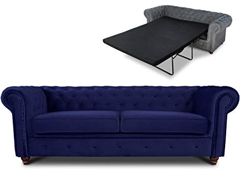 Schlafsofa Chesterfield Asti Bis 3-Sitzer, Sofa mit Schlaffunktion, Couch 3-er, Couchgarnitur, Sofagarnitur, Holzfüße, Polstersofa (Dunkelblau (Velvet 86))