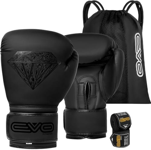 EVO Fitness Gants De Boxe avec Bandages pour Les Mains Hommes Femmes avec Cuir Pro Gel pour Muay Thai Kick Boxing Sparring Gant Boxe Combat Et Entraînement Gant De Boxe Enfant Boxing Gloves