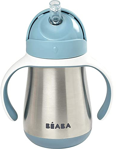 Béaba - learning cup - 2 in 1 baby bottle - children's cup with straw - 100% leak-proof - easy to open - removable Handles -Tritan and silicone - 250 ml - Blue