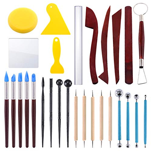 Swpeet - Kit di strumenti per modellare, 29 pezzi, per modellare a mano, per scolpire l'argilla, con penna a sfera, strumenti per punteggiare in legno, penne con punta in gomma, coltelli per scultura