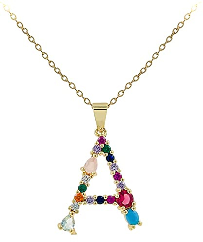 ENTREPLATA Collar Acero Inoxidable Antialérgico Dorado con Colgante Letra Mayúscula A con Circonitas de Colores, Gargantilla Chapado en Oro 24k para Mujer