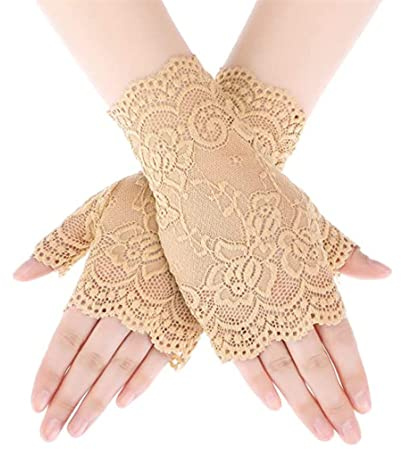 GIVBRO Mitaines en dentelle florale vintage pour femme - Accessoires pour déguisement de danse, fête, bar, robe de mariage - Beige, 9*17cm