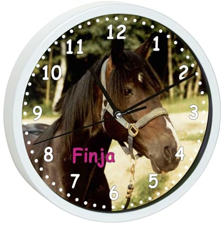 CreaDesign, Wanduhr für Kinderzimmer Pferd Orignial, Kinderuhr weiß mit Quarz Uhrwerk, personalisiert mit Name, Durchmesser 19,5 cm