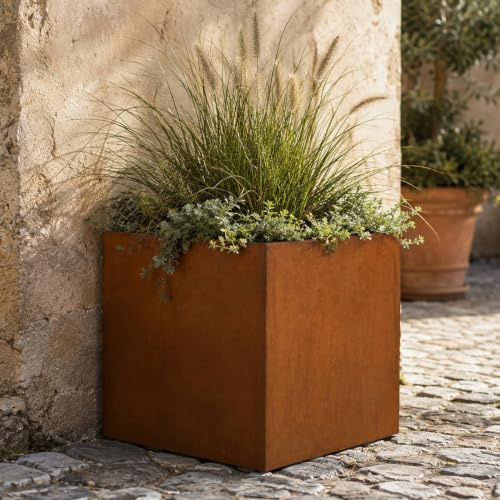 Köhko® Macetero de diseño de acero corten VIVO 28 x 28 x 27 cm | Macetero con aspecto de óxido noble en forma de cuboide