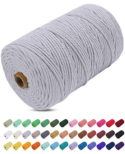Makramee Garn Hellgrau, Uiopa Makramee Garn 3mm x 200m Farbig Baumwollkordel Baumwollseil Geflochten Baumwollgarn Baumwollschnur, 4 Stränge Makramee-Garn für Wandbehang, Hängepflanze, DIY Boho Deko